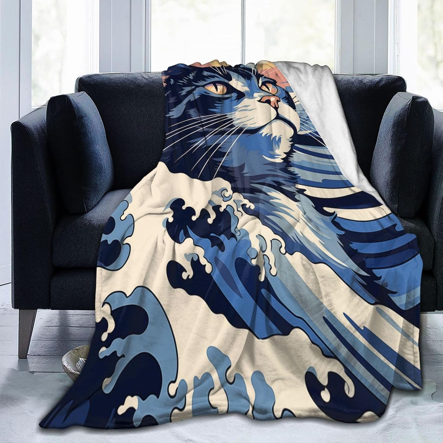 Japanese Painting Cat Blanket Gifts for Cat Lovers Grils Women Kitten Wave Art Flannel Throw Blankets for Home Couch Bed Sofa Soft Fuzzy Lightweight Decor All Season 80x60 Inches image 4