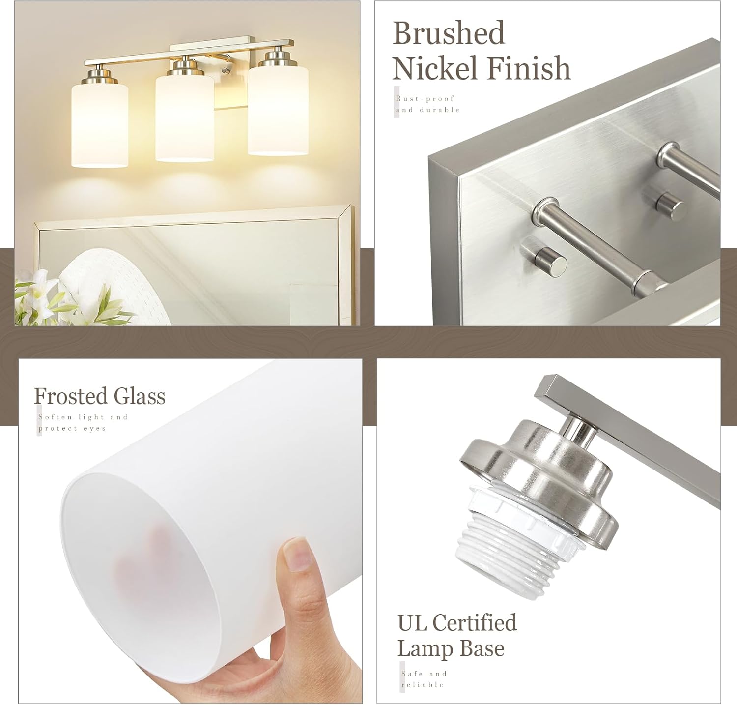 Brushed Nickel Bathroom Light Fixtures, 3-Light Bathroom Vanity Lighting Fixtures Over Mirror with Milky Glass, Modern Wall Sconce Lights for Bath, OS-JJ8301-3BN