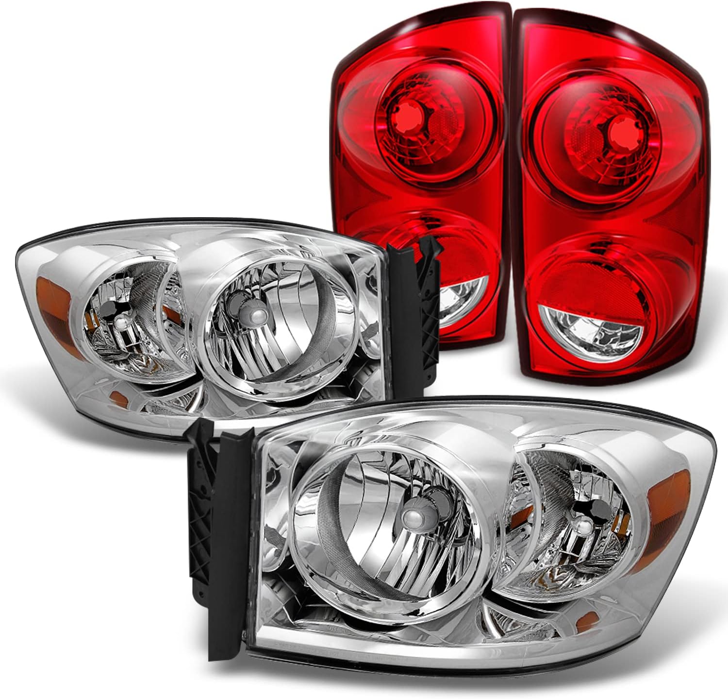 AKKON - For 2007-2008 Dodge Ram 1500 | 2007-2009 Ram 2500 3500 Chrome Clear Headlights +Red Clear Tail Light Lamp