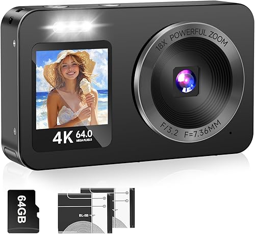 Cámara digital, cámara de doble pantalla 4K 64MP UHD, zoom de 18X, cámaras digitales portátiles para apuntar y disparar con tarjeta TF de 64 GB, 2