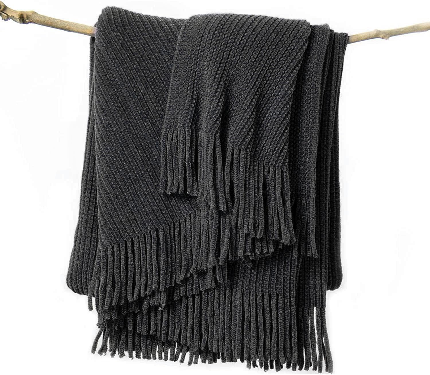 lifein Throw Blanket for Couch, Soft Boho Decor Bed Throw,Cozy Grey Knitted Chenille Small Farmhouse Lightweight Throw (Dark Grey,60 * 80")