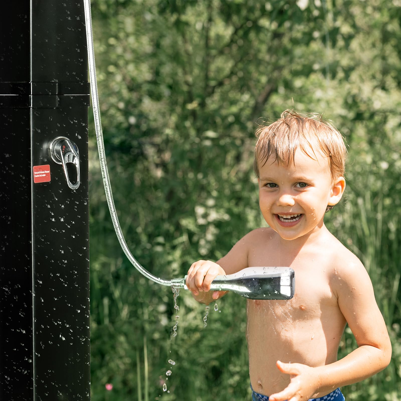 Bonnlo Solardusche Garten 40 Liter mit Handbrause Regenduschkopf Fußdusche Gartenschlauch Anschluss, Winterfest Warmwasser Gartendusche Aussendusche Solar für Garten Pool Outdoor Dusche, Schwarz