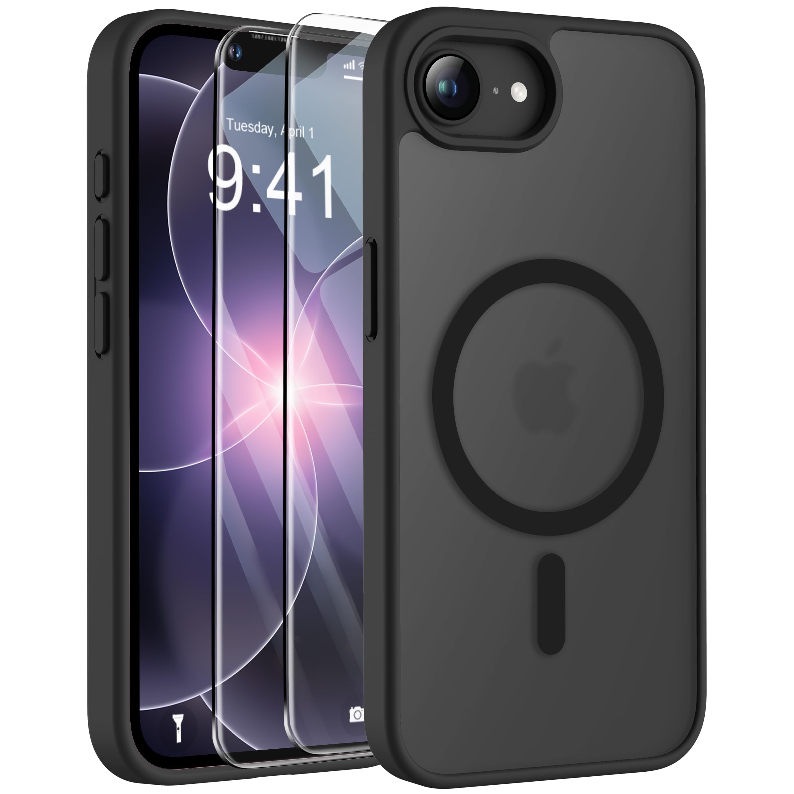ORETECH Magnetica Cover per iPhone 17e(2026) 6,1 Pollici con 2 Vetro Temperato,Compatibile con Mag-Safe, Traslucida Opaca Antiurto Ultra Sottile Hard PC iphone 17e Cover-Nero