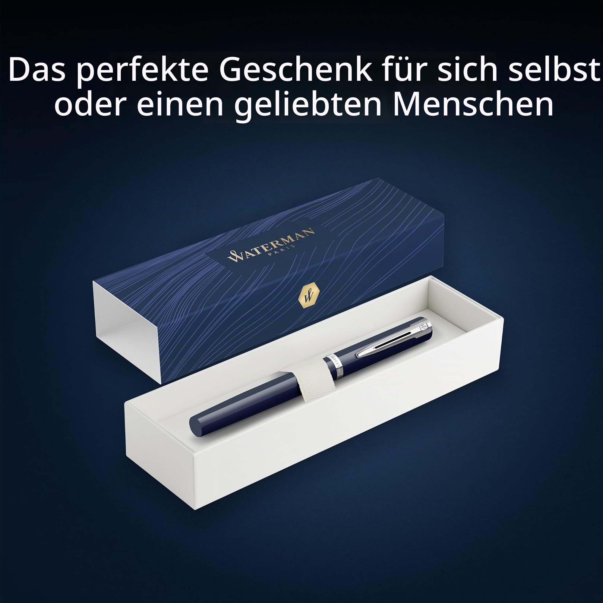 Waterman Impression Füller | Mittlere Feder mit blauer Tintenpatrone | Blauer Lack mit palladiumbeschichtetem Zierrat | Geschenkbox