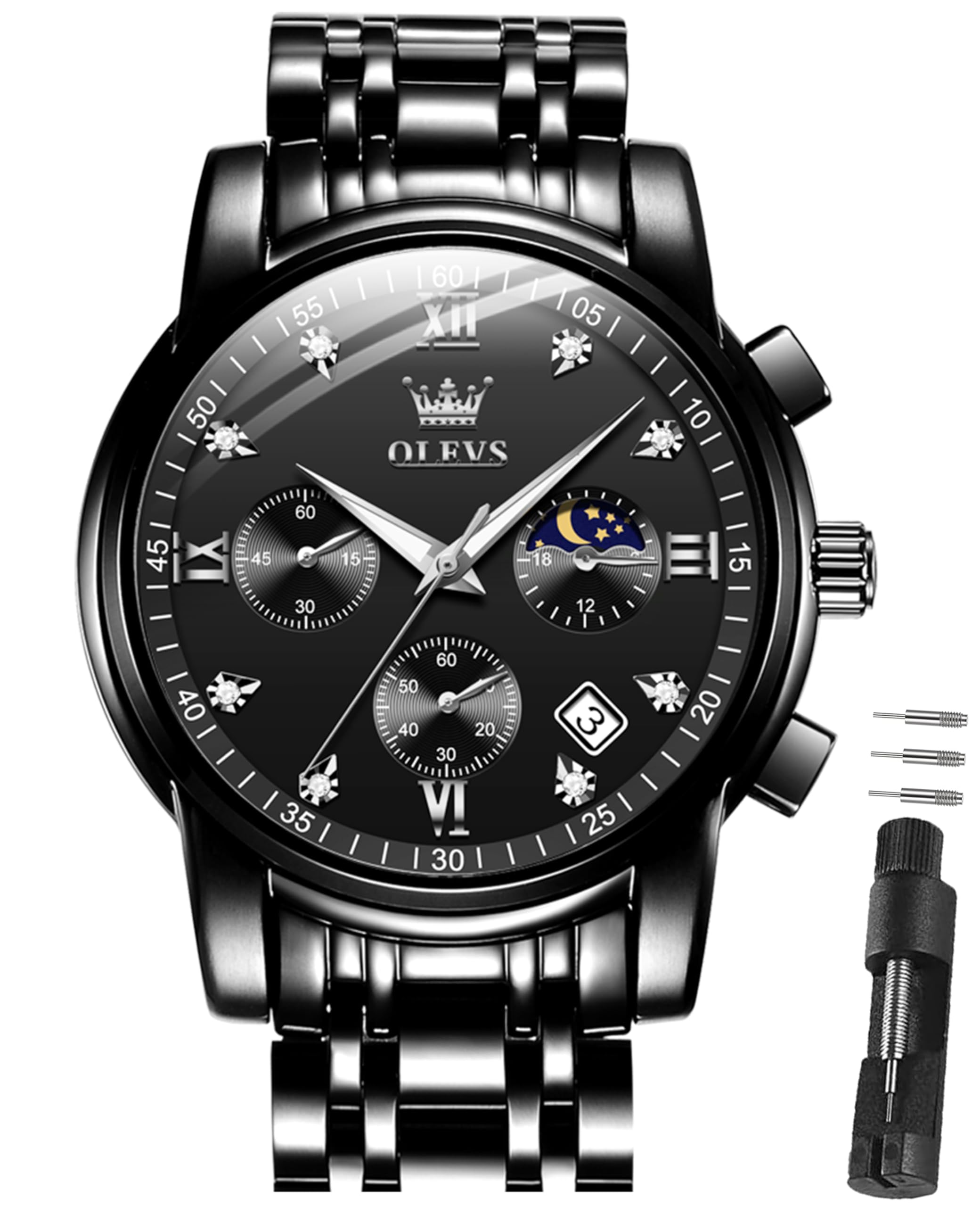 OLEVS Armbanduhr Herren Quarz Luxus Edelstahl Business Herrenuhr Chronograph 3Bar Wasserdicht Uhren Herren 42mm Zifferblatt mit Mondphase Datum Leuchtzeiger klassisch schlicht Geschenk für Männer