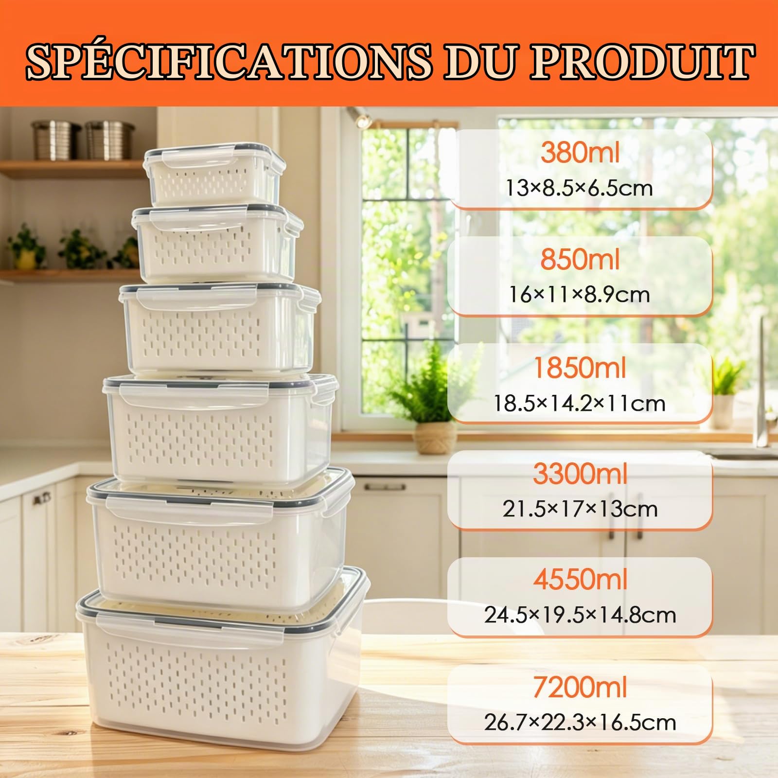 6 PC Boite Rangement Frigo, Organisateur Frigo（7.2L/4.55L/3.3L/1.85L/0.85L/0.38L） avec Passoire, Cloisons & Poignée, pour Salade/Légume/Fruit Fromage, BPA Free