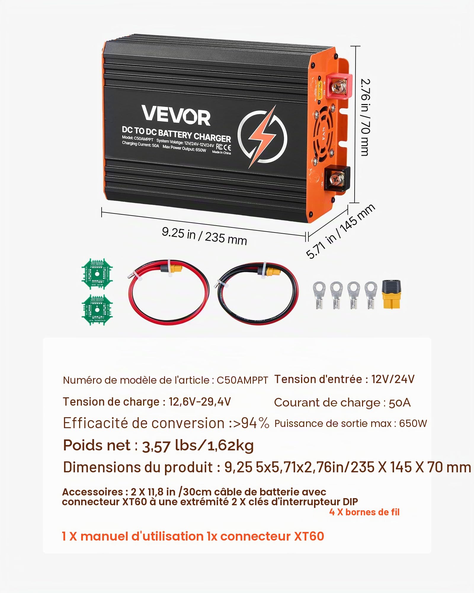 VEVOR Chargeur DC-DC avec MPPT 650 W 50 A Chargeur de Batterie DC-DC 12 V/24 V-12 V/24 V Double Entrée Panneau Solaire/Alternateur pour Camping-Car Voiture Bateau, Compatible avec LiFePO4 Plomb-Acide