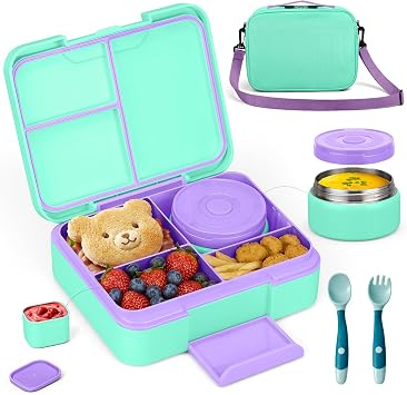 Bento Box Set with 9.5oz Soup Thermo Kids Leak-proof Lunch Box Container with 4 Compartment Stainless Steel Insulated Hot Food Jar with Bag for School Travel - Green&Purple
