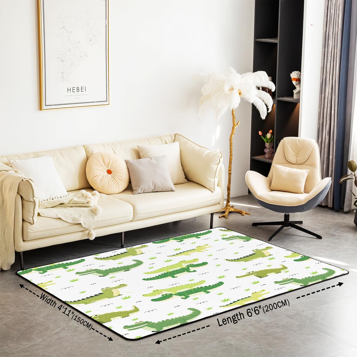 Homewish Krokodil Teppich 100x150 Gras Kinder Jungen Mädchen Jugendliche Teppich Wohnzimmer Hand Gezeichnete Cartoon Crocodile Einfach Carpet Niedliche Grüne Krokodile Grasland Stilvoll Rug