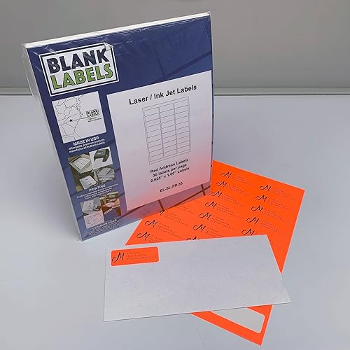 Blanks Labels Etiquetas de correo rojas fluorescentes de Blank Labels  2-58 pulgadas x 1 pulgada (2.625 x 1)  30 etiquetas por hoja