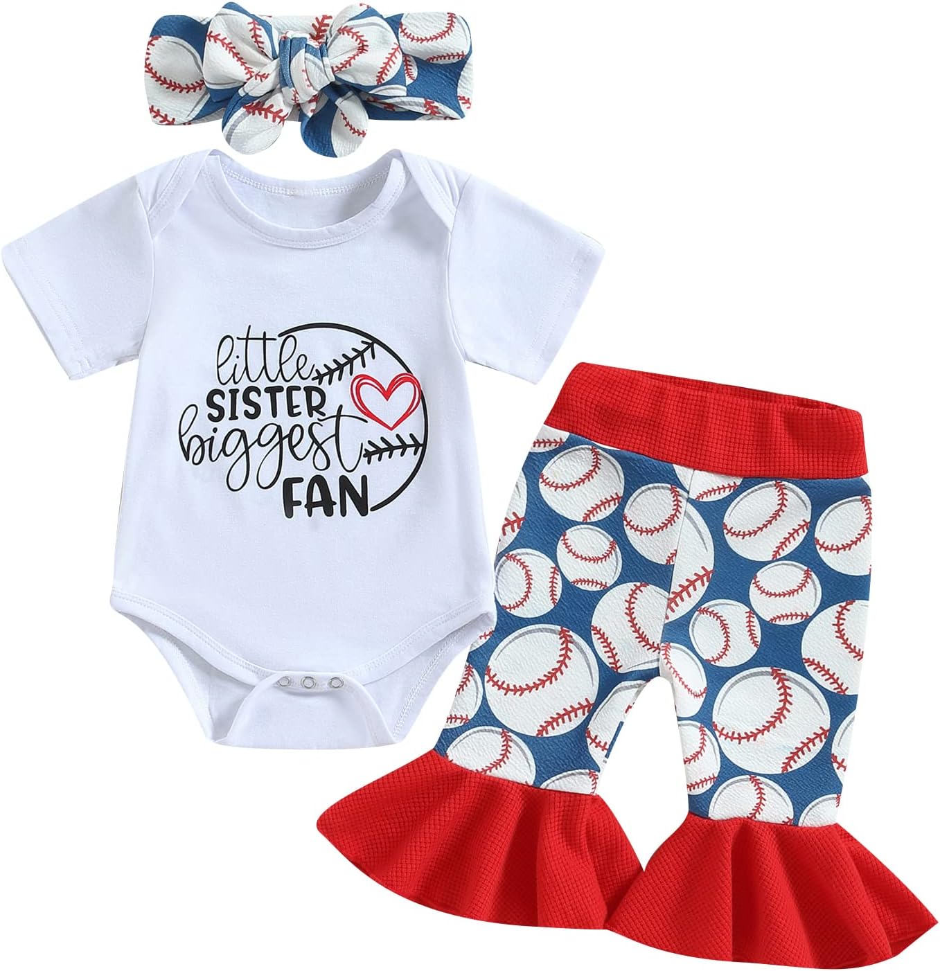 Baby Girl Baseball Outfit Short Sleeve Little Sister Biggest Fan Romper Baseball Shorts/Pants 3PCS Summer Clothes
