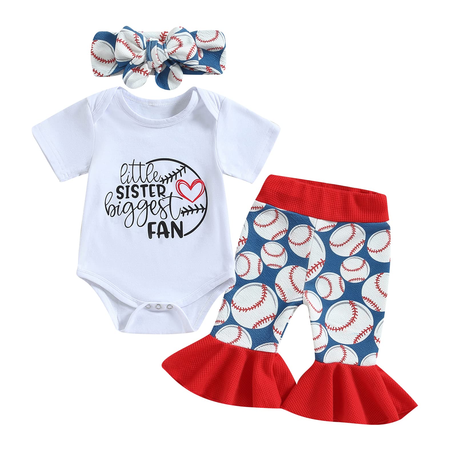 Baby Girl Baseball Outfit Short Sleeve Little Sister Biggest Fan Romper Baseball Shorts/Pants 3PCS Summer Clothes
