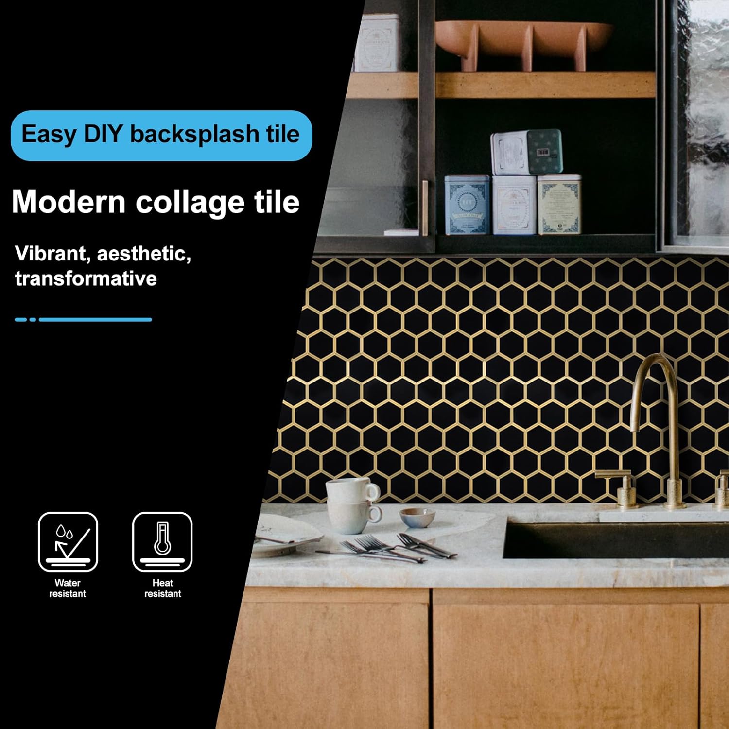 Hexagon Peel and Stick on Backsplash for Kitchen and Bathroom, Black Marble Look PVC Mixed Metal Gold Self Adhesive Metal Mosaic Tiles(10 Sheets, Seamless)