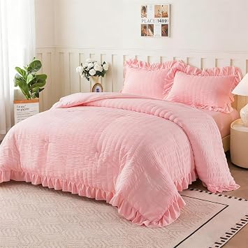 NTBED Pink Twin Comforter Set for Girls Kids, Soft Chic Seersucker Ruffled Bedding Sets,5 Pieces Princess Bed in a Bag