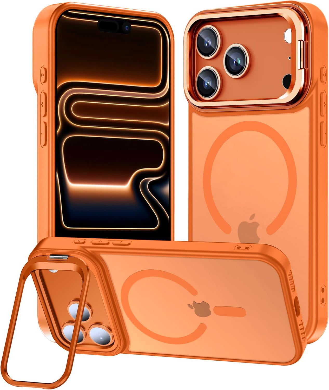 Elzzi Translucent Matte Kickstand Case for iPhone 17 Pro Max, Built-in Adjustable Camera Stand, Translucent Matte Magnetic Mag-Safe Shockproof Phone Cover (Cosmis Orange)-image-0