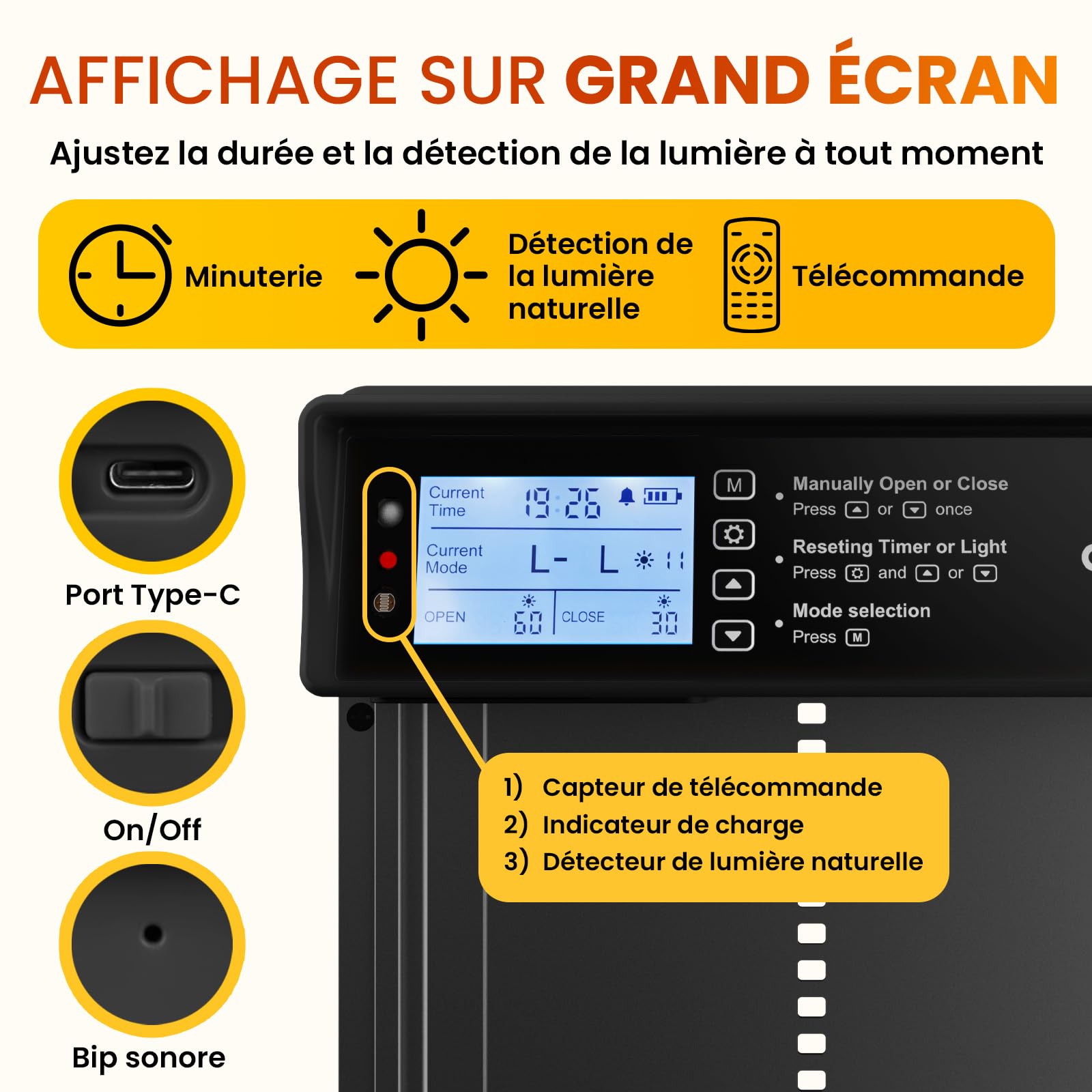 Okkobi Porte Automatique Poulailler Solaire - Ecran LCD - Télécommande, capteur de lumière et minuterie - Sécurité et tranquillité d'esprit : Fonction Anti-pincement - Protection 5 Ans - Noir