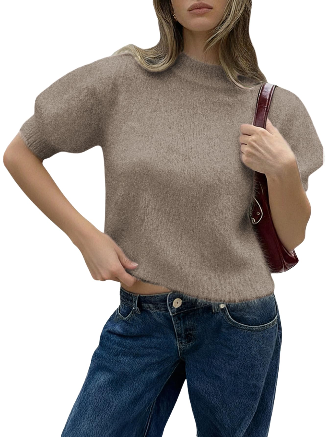 verdusa Women's Short Sleeve Sweater Lightweight Furry Fuzzy Cropped Sweaters Trendy-picture-18