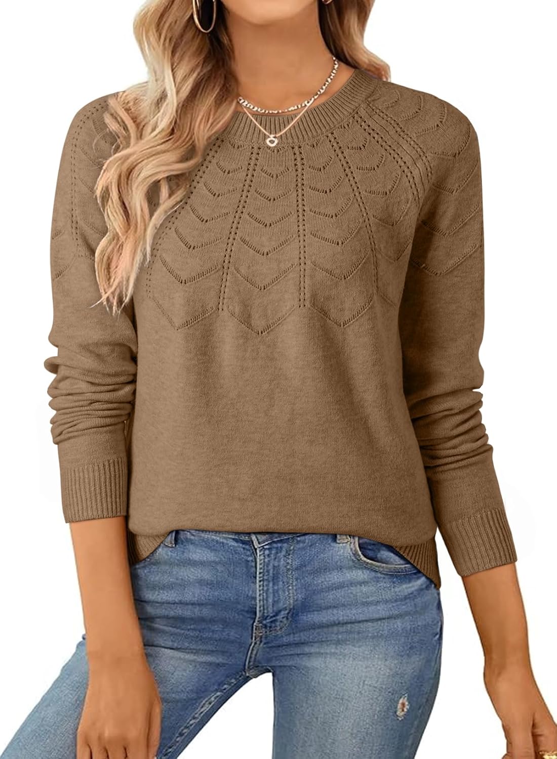 SHEWIN Sweaters for Women Crochet Long Sleeve Crew Neck Sweater Lightweight Shirts Tops Fall Fashion 2025