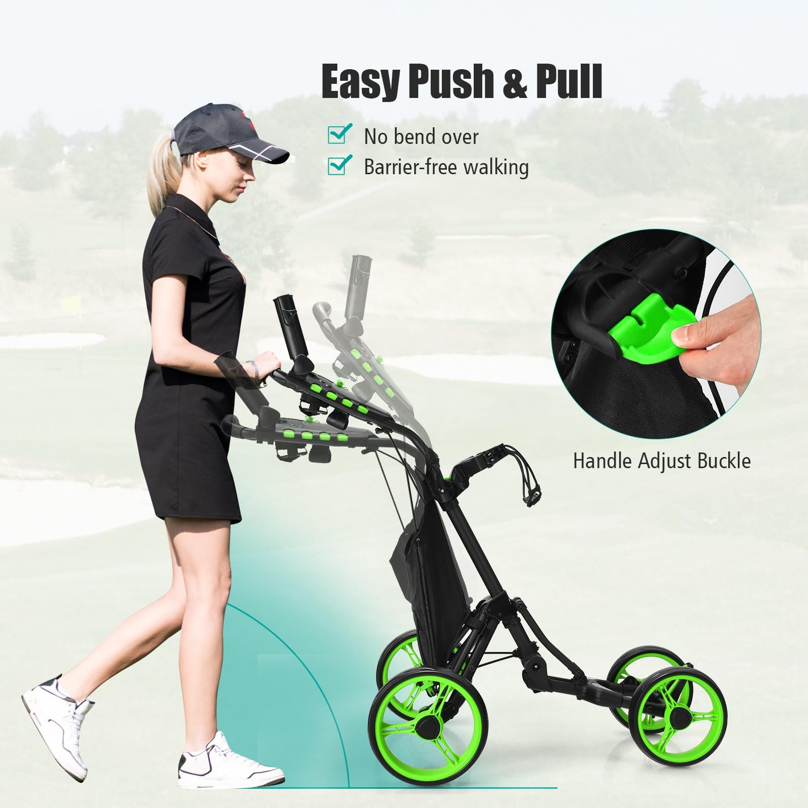LIFEZEAL Carrello da golf leggero con 4 ruote, carrello da golf pieghevole con borsa, freno a pedale e maniglia regolabile, 110 x 65 x 100 cm