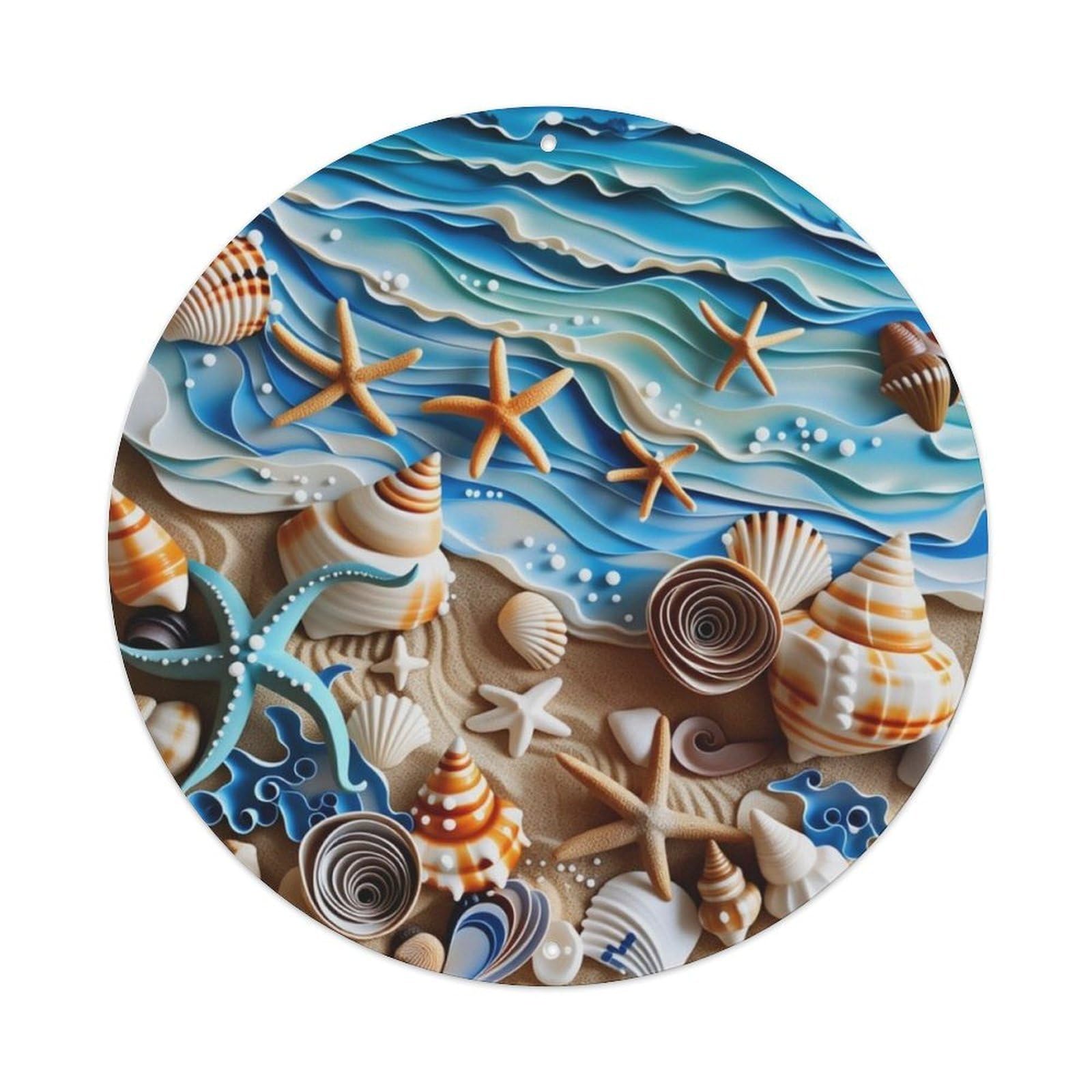 Ocean Seashell Starfish Round Sign Vintage Aluminium Metal Sign, Retro Wall Decor for Home, Bar, Garage & Farmhouse 20x20cm