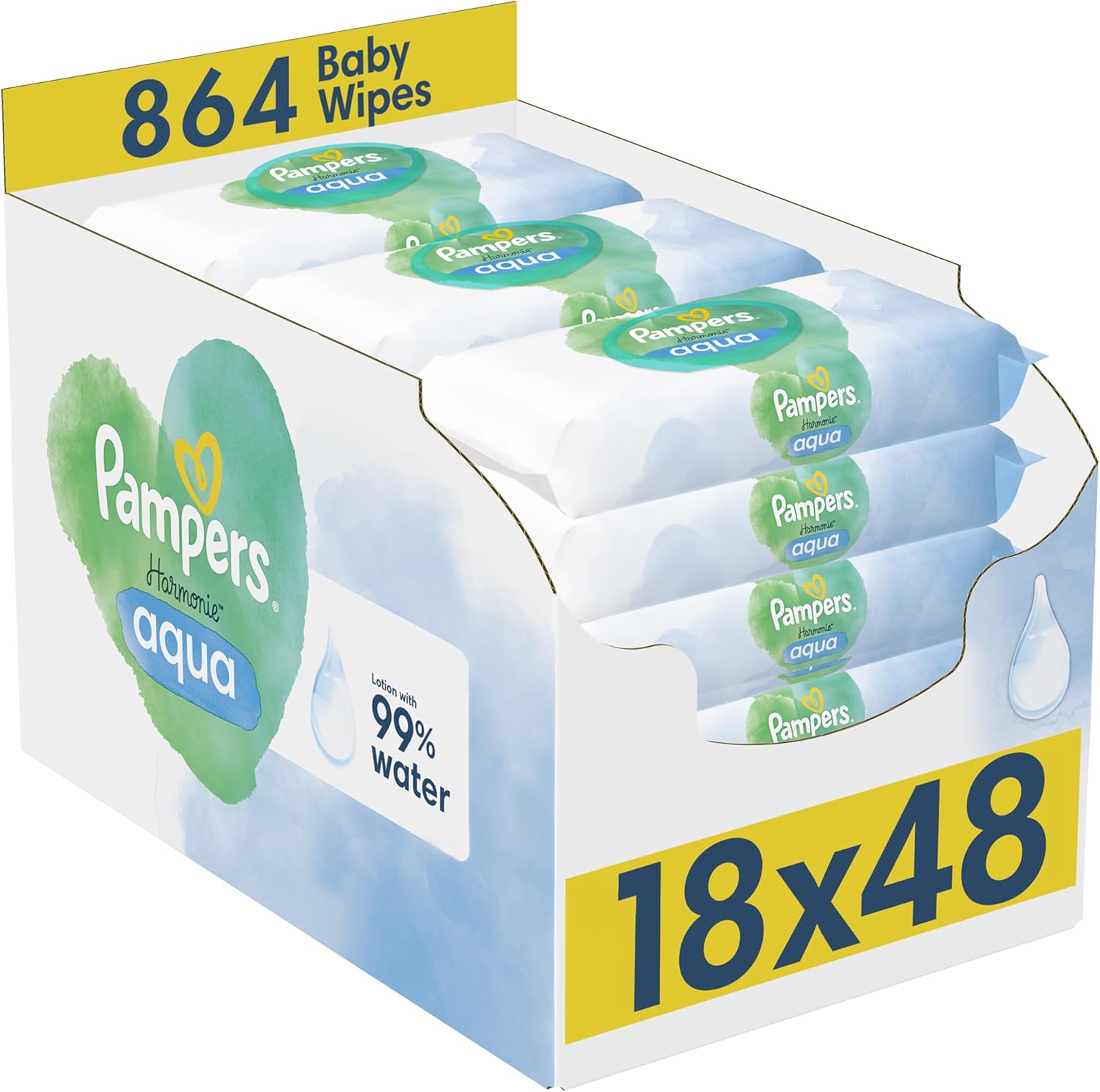 Pampers Harmonie Aqua Baby Wipes Plastic Free 18 Packs of 48 Wipes, 864 Baby Wet Wipes, Help Restore Natural Skin pH, Delicate Lotion with 99 Percent Water