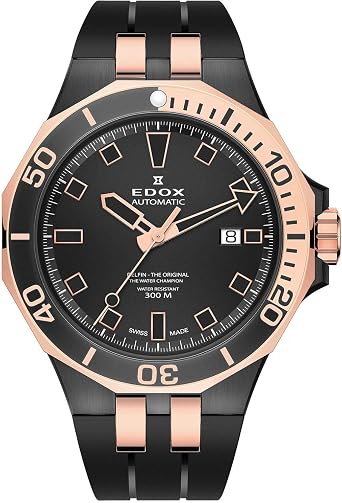 Edox Mens Delphin Original 43mm Black Rubber Band Steel Case Automatic Analog Watch 80110 357NRCA NIR, Black, sports