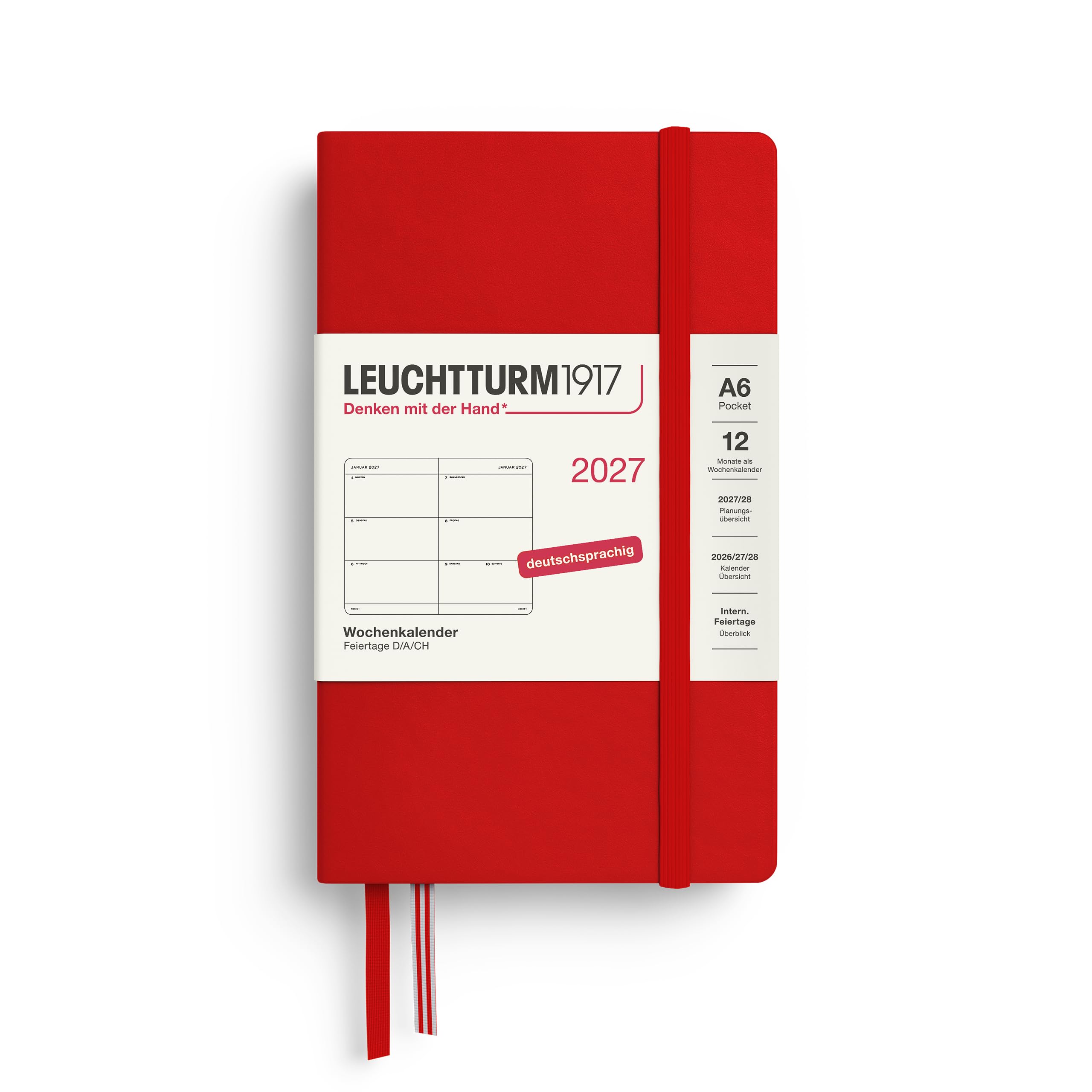 LEUCHTTURM1917 Weekly Planner 2027 Pocket (A6) - German, Cherry, Hardcover, 90 x 150 mm, 12 Months - January-December 2027, 1 Week per Double Page, 80 g/m² Paper with High Ink Compatibility