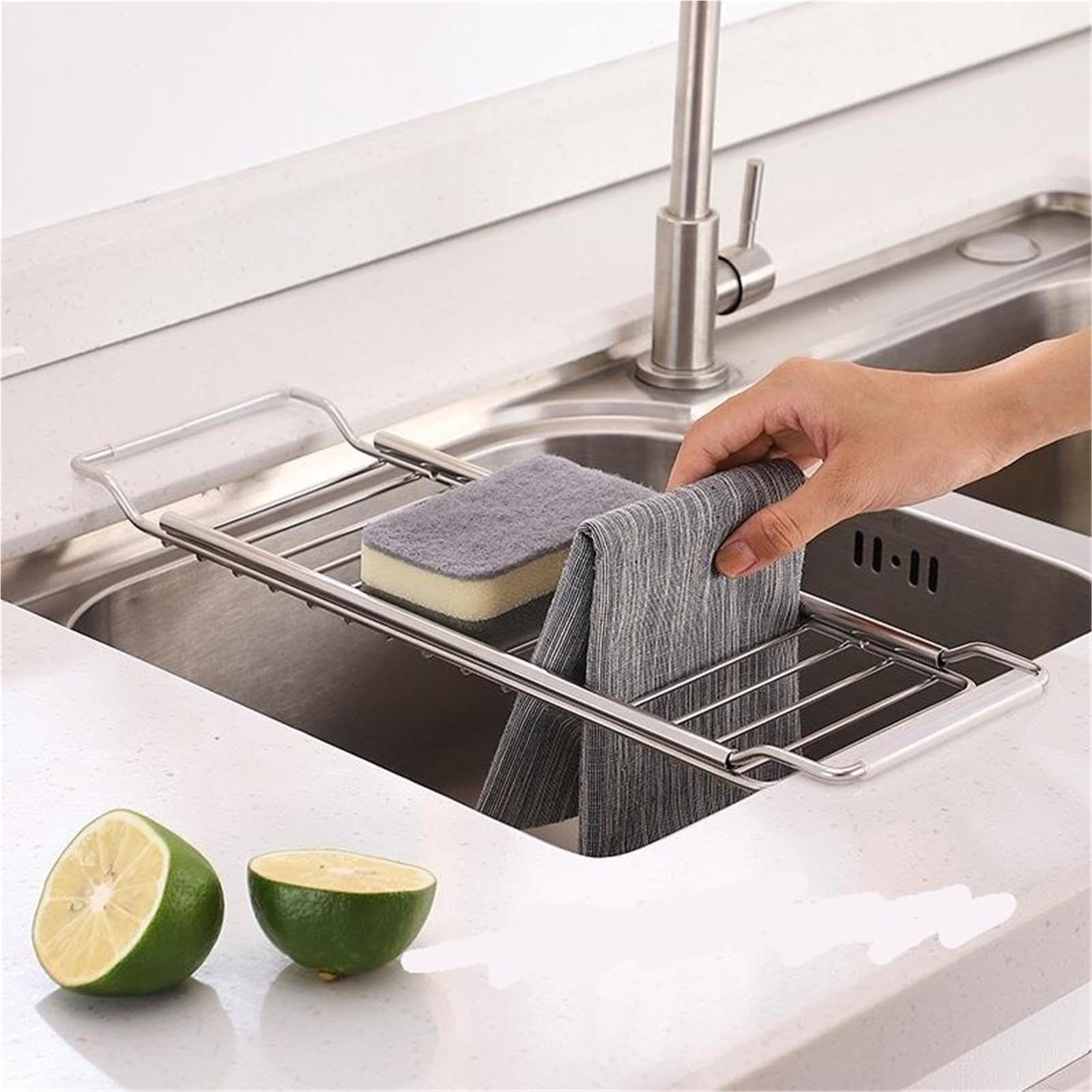 Estensibile Scolapiatti per lavello Scolapiatti espandibile sopra il lavandino, piatto, la spugna, sapone e lo straccio(12 * 2 * 41-60cm)