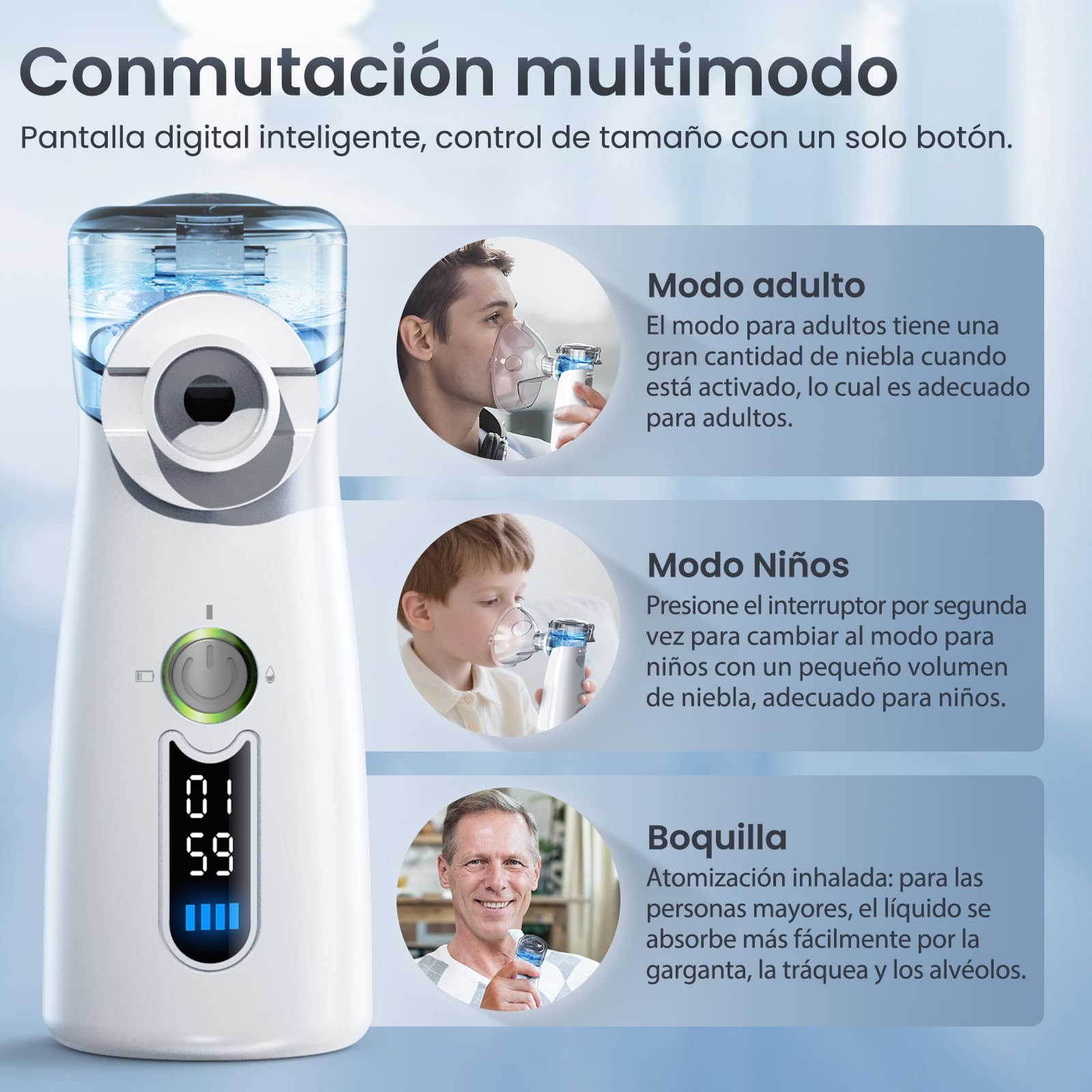 Nebulizador Silencioso, Recargable USB-C, Máquina de Nebulizador Para Adultos y Niños, Con Pantalla Digital, Nebulizadorultrasónico Con 2 Máscaras y Una Boquilla – Gris