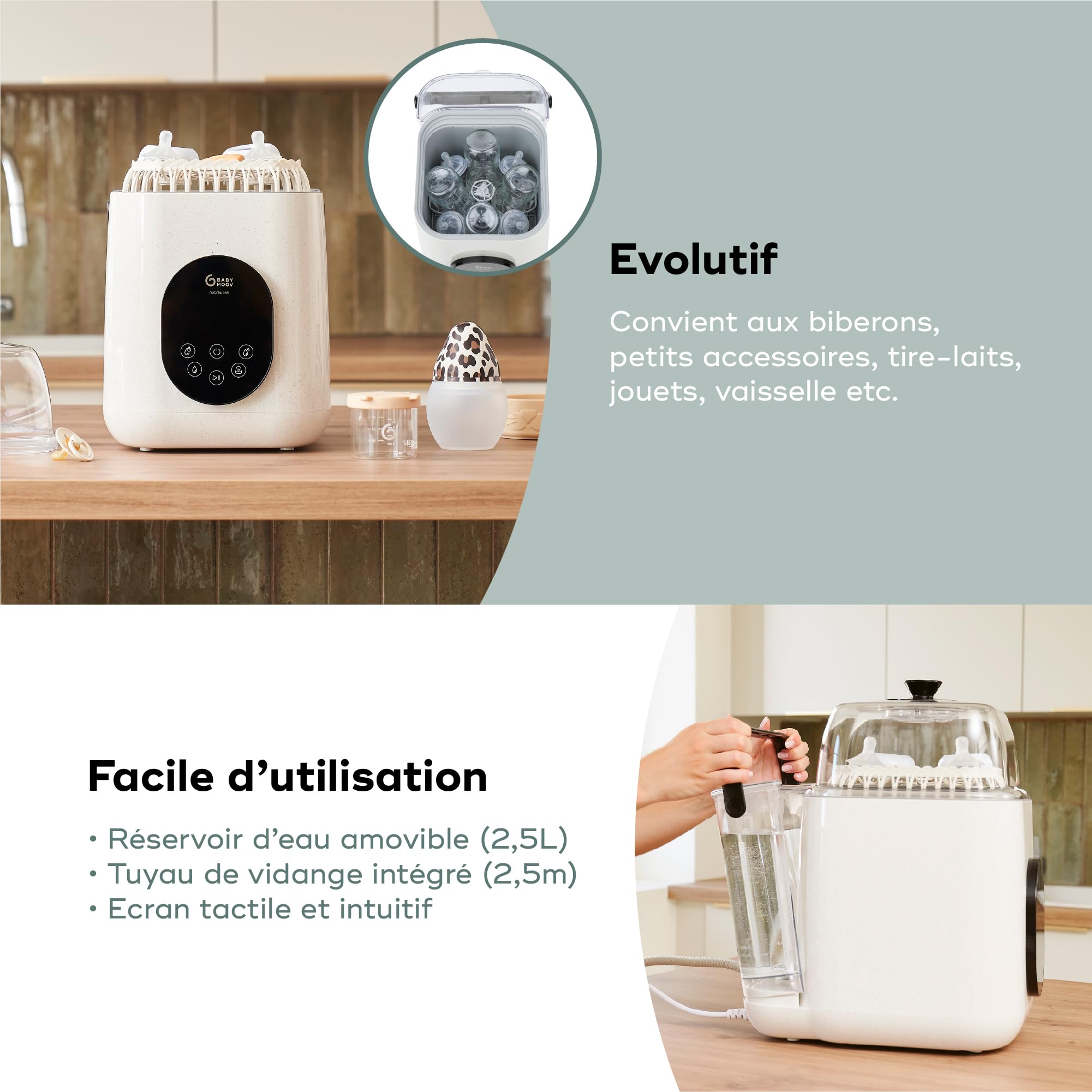 Babymoov Lave Biberon Electrique NutriWash - 4 en 1 : Lave, Stérilise, Sèche & Stocke - 11 Programmes Rapides dès 19 min - Universel Biberons & Accessoires Bébé - Écran Tactile - Garanti à Vie