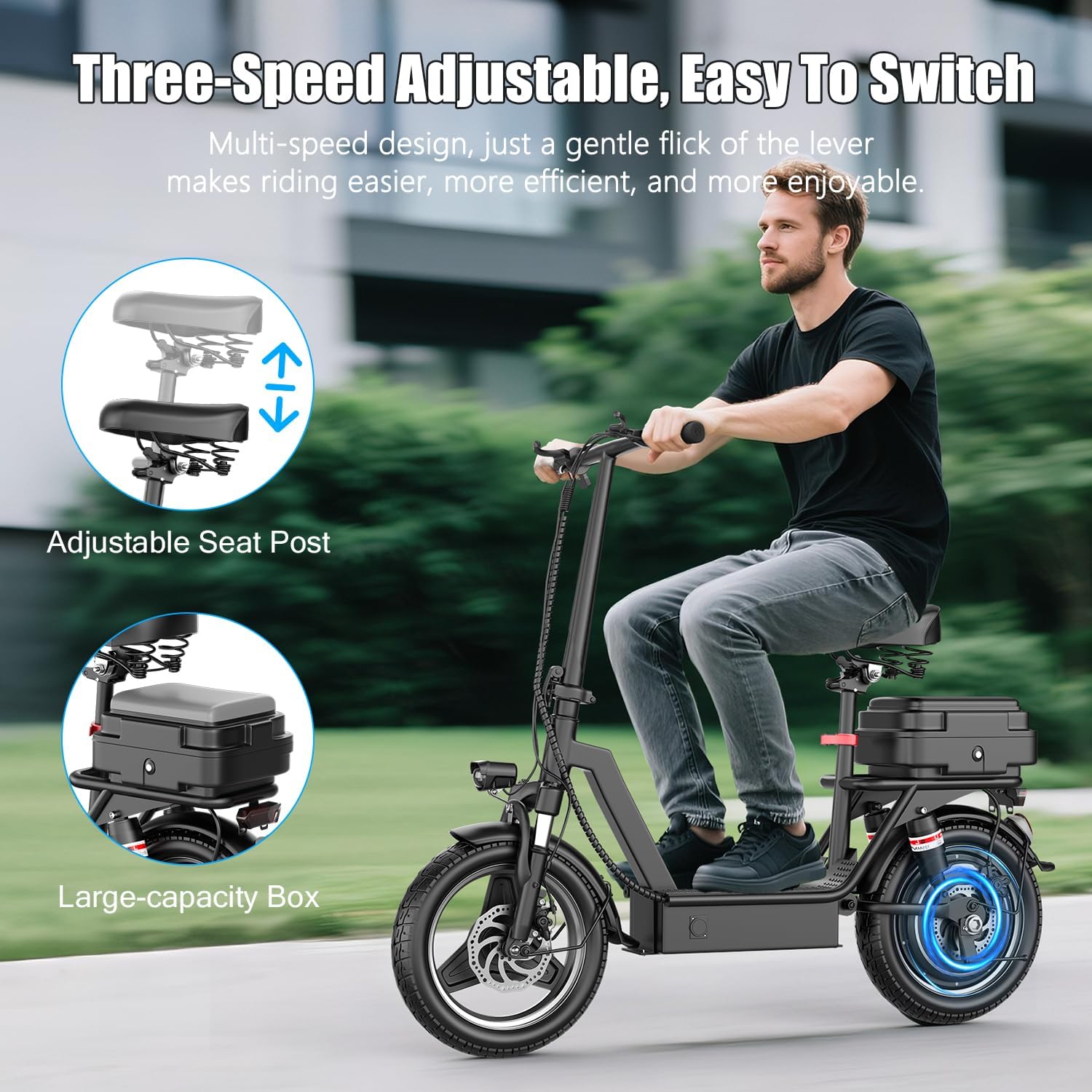 ASKGO Electric Scooter with adjustable seat and storage basket