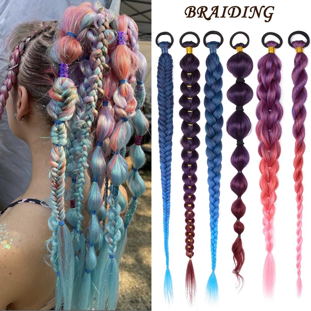 PORSMEER 3 Packs Ponytail Extension 24 inch Red to Cyan Colored Hair Extensions Tinsel Mixed for for Girl Women Braiding Ombre Pony Tail Glitter Hair with Tie Rave Crazy Hair Day - Image 4