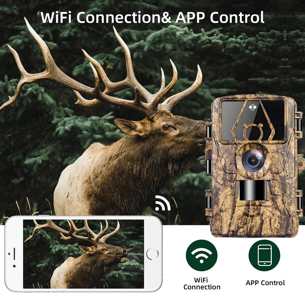8K Video Wildlife Kamera, 60MP Full HD WiFi mit Handyübertragungs-App, Bewegungssensor, Nachtsicht, 0,1s Auslösezeit, Infrarot Wildlife Kamera mit 32G Speicherkarte & Karte