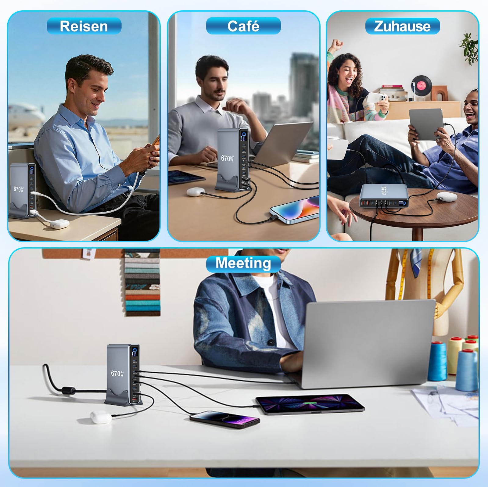 670W USB C Ladegerät, 8 Port Laptop Ladegerät Mehrfach(6C+2A), LCD Display GaN Schnellladegerät Netzteil, 140W PD Charger Kompatibel mit MacBook Pro/Air, iPhone 17/16/15, Galaxy S25 usw (670W)