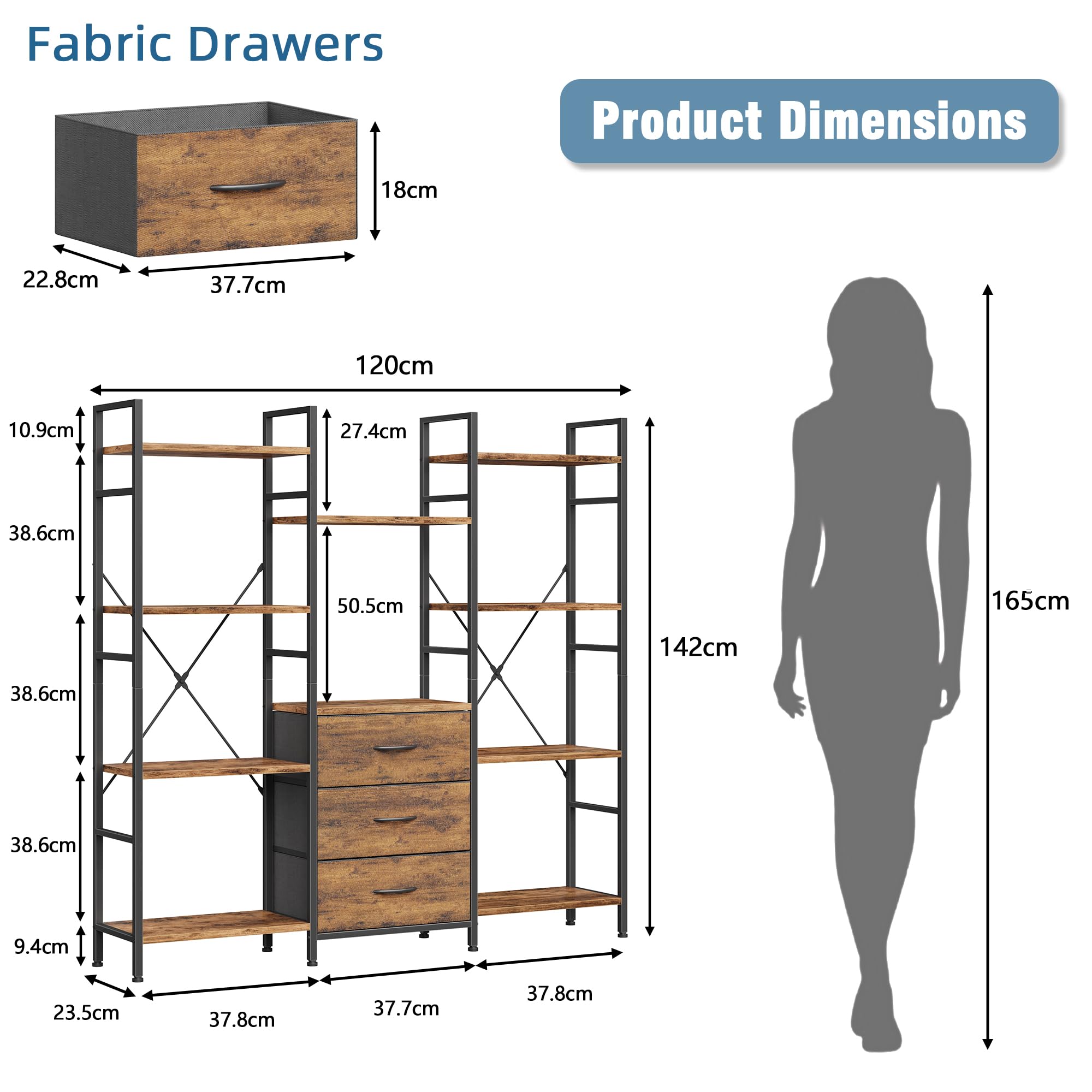 Bücherregal mit 3 Schubladen 120x142cm Standregal Raumteiler Industrial Style 10 offene Fächer 142cm Hoch