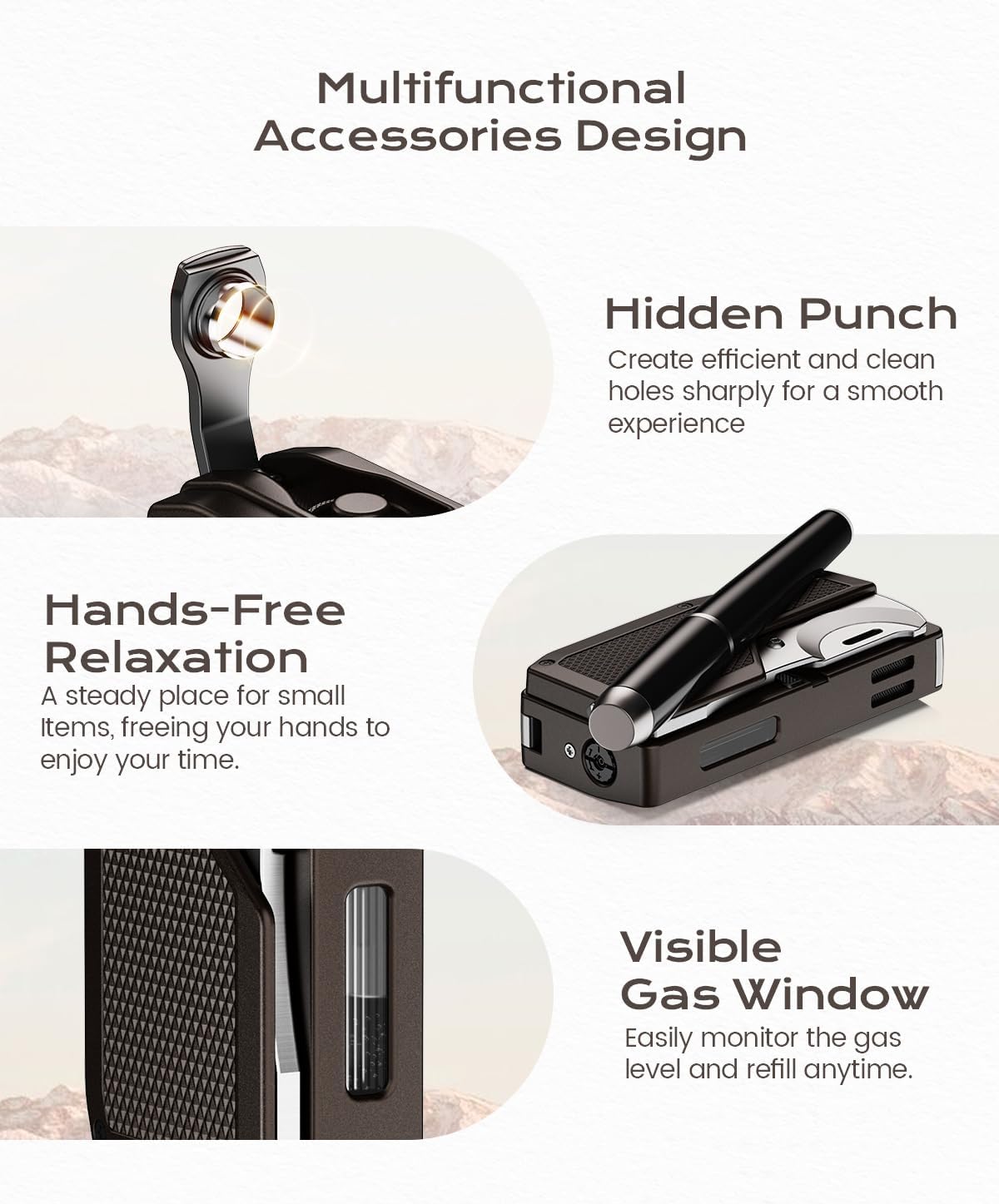All-in-one Torch Lighter with Built-in Punch, Scissor-Shaped Cutter, Hidden Holder, and Adjustable 2 Jet Flame, Gifts for Men, Refillable Butane Lighter, Lighter with Multi-use Accessories for Travel