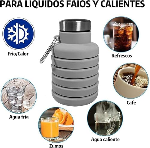 Miniatura 7 de Botella de agua plegable, capacidad de 16 onzas, portátil, reutilizable, de silicona, a prueba de fugas, con hebilla, almacenamiento plegable,