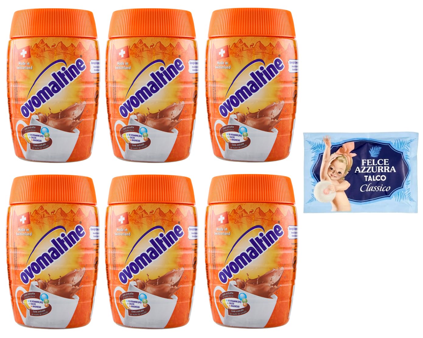 Ovomaltine Lot de 6 boissons en poudre contenant du malt goût cacao 400 g + 1 paquet de talc Felce Azzurra gratuit, sachet de 100 g