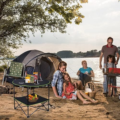 Miniatura 9 de LEADALLWAY Mesa de picnic plegable con 4 portavasos y bolsa de almacenamiento lateral, mesas portátiles plegables de lona plegables con bolsas de
