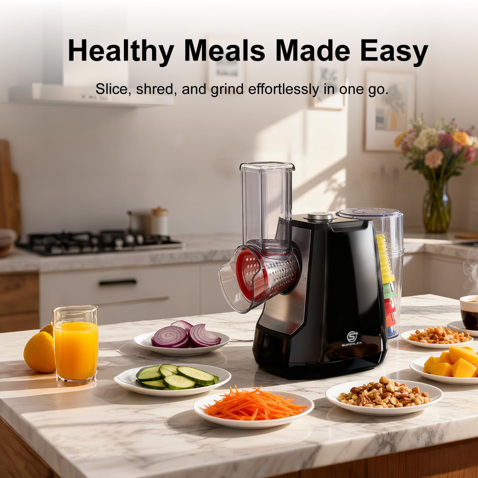 Grattugia elettrica per formaggio 5 in 1, grattugia rotante per verdure, affettatrice per verdure, 150 W, multifunzione, con 5 lame intercambiabili per frutta, verdura, carote, noci