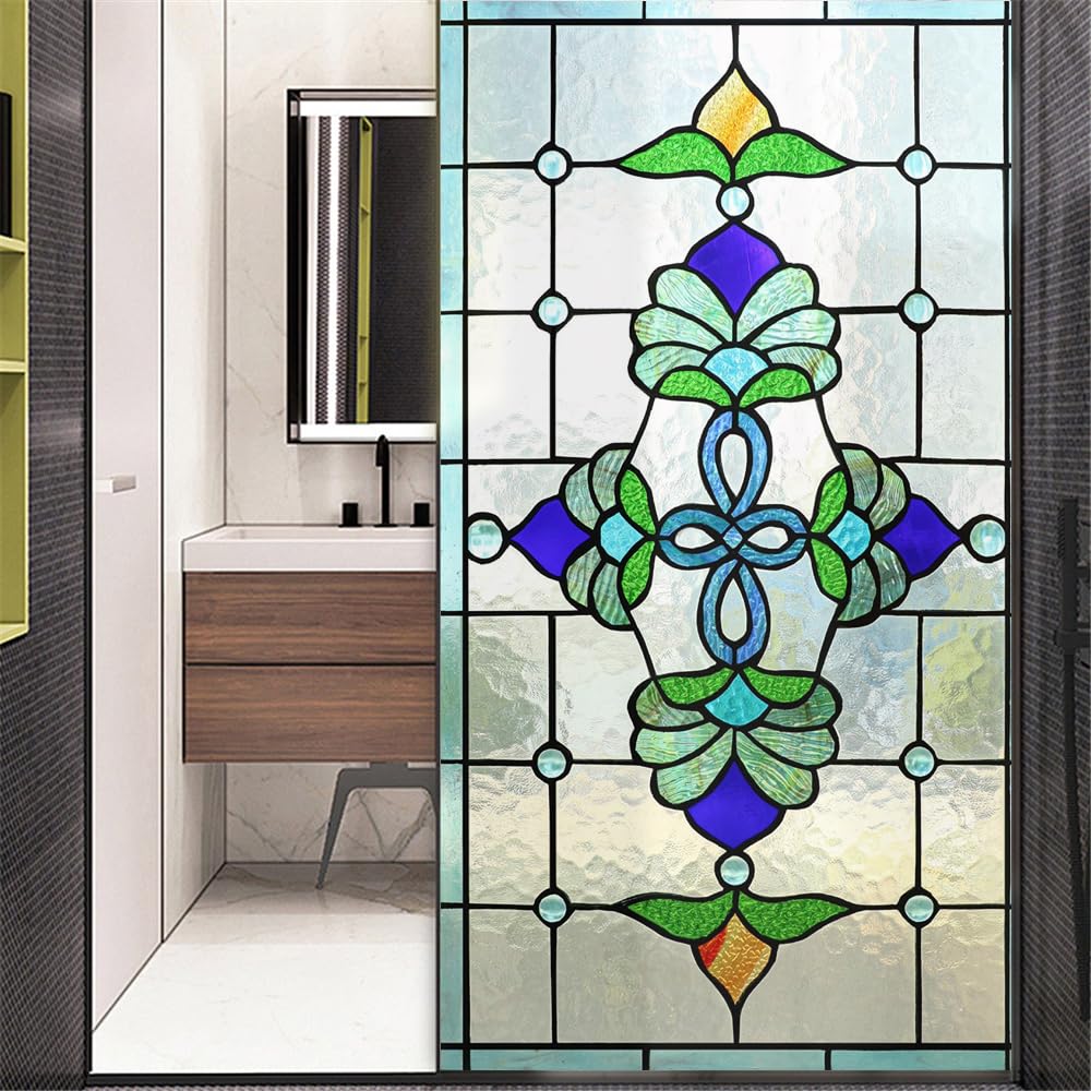 Xijier No Glue Decorative Privacy Frosted Window Film Classical Style Glass Door Window Covering Window Decals Window Sticker for Home Office 89x160cm(35