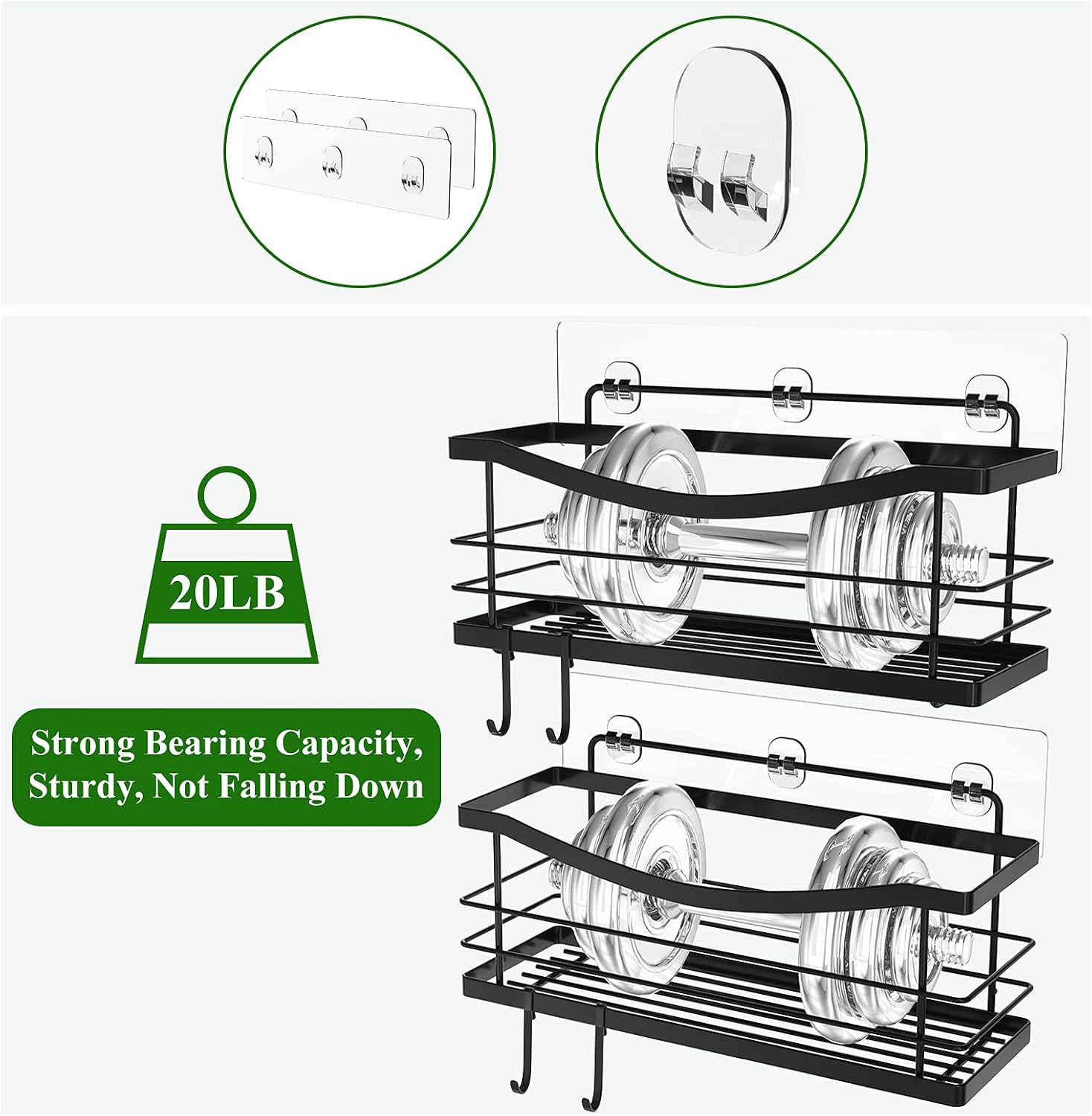 ODesign Large Shower Caddy with Removable 4 Hooks Adhesive Shower Shelf Basket No Drilling Rustproof SUS304 Kitchen Spice Racks Bathroom Storage Organizer - 2 Pack (Black)