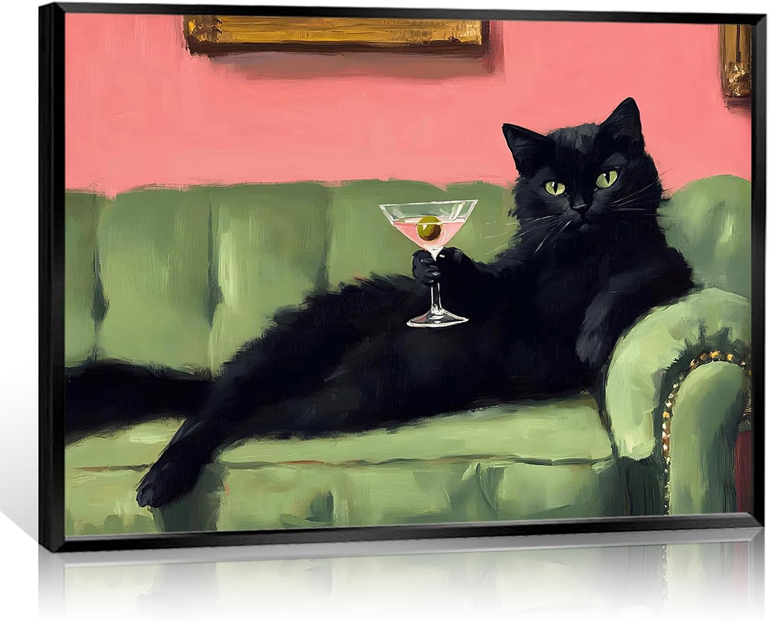 Funny Black Cat With Martini Canvas Wall Art Cute Cat On Green Sofa Posters Cocktail Bar Cart Print Quirky Whimsical Eclectic Painting For Bar Kitchen Bedroom Living Decor 12x16in Black Framed
