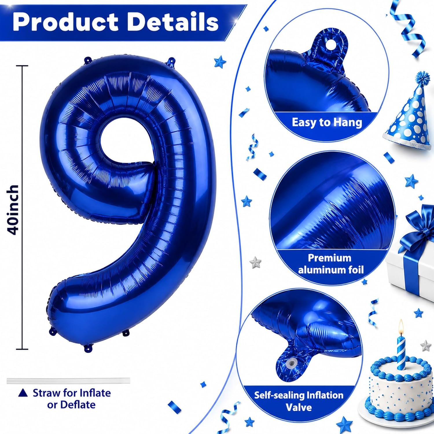 40 Inch Navy Blue Numbers 9 Balloons, Large Self Inflating Dark Blue Digital 9 Helium Balloon, Giant Foil Mylar Number 9 Balloons for Women Men Girls Boys 9th Birthday Party Anniversary Decorations