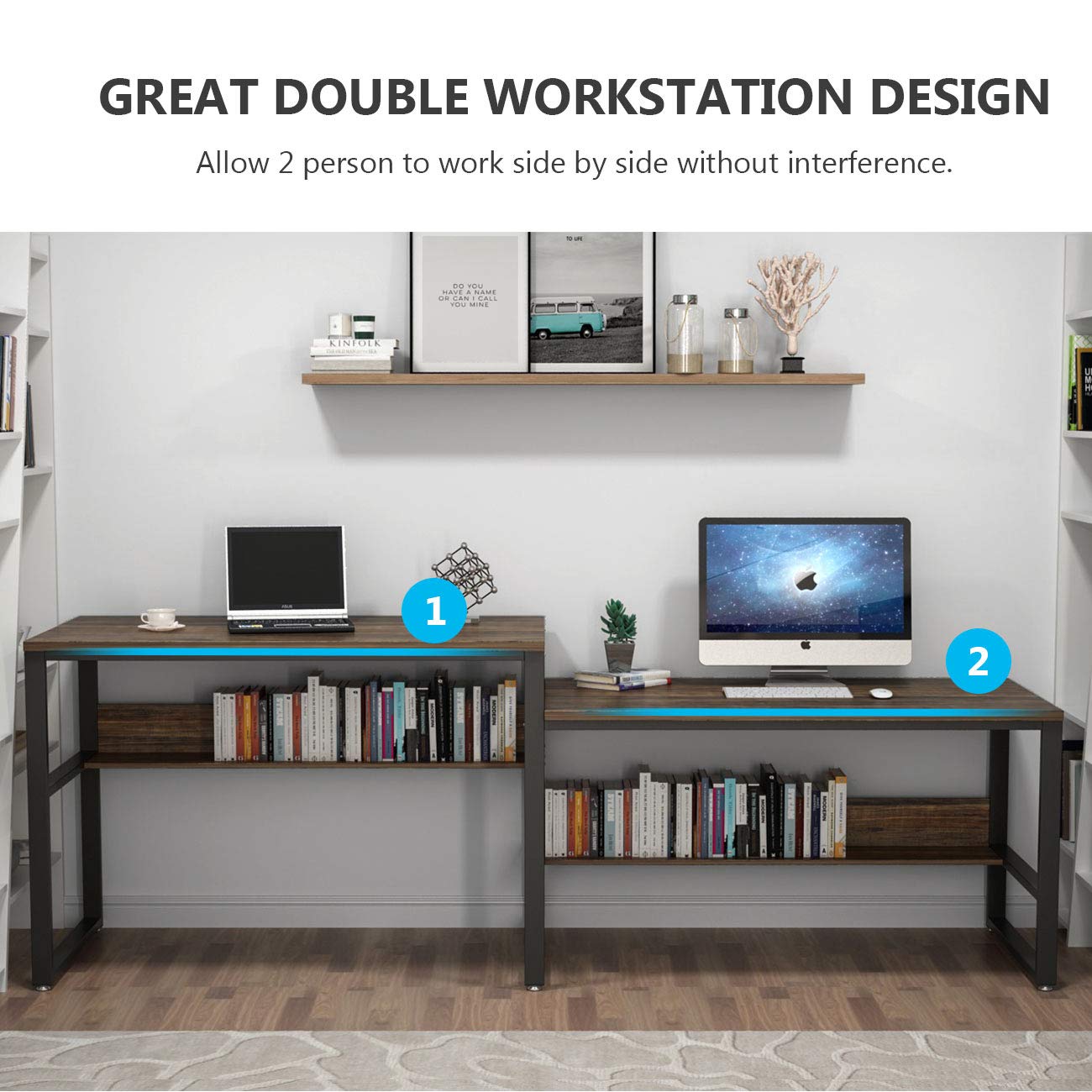 FITUEYES Double Computer Desk with Storage Shelves, 81 inch Two Person