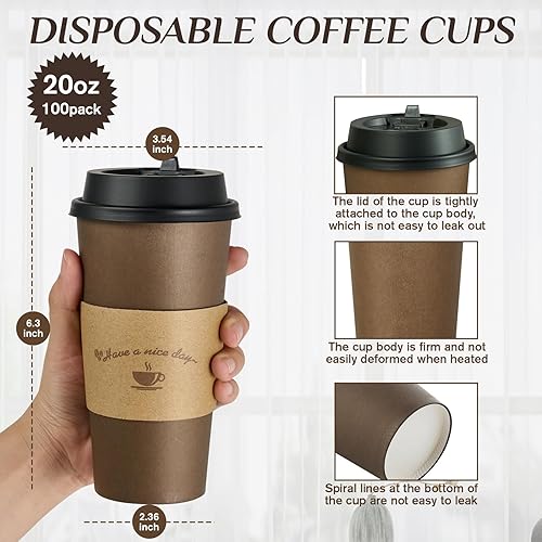 Miniatura 2 de LITOPAK Paquete de 100 tazas de café de papel de 20 onzas, tazas de café desechables marrones con tapas, mangas, palos, tazas para beber café