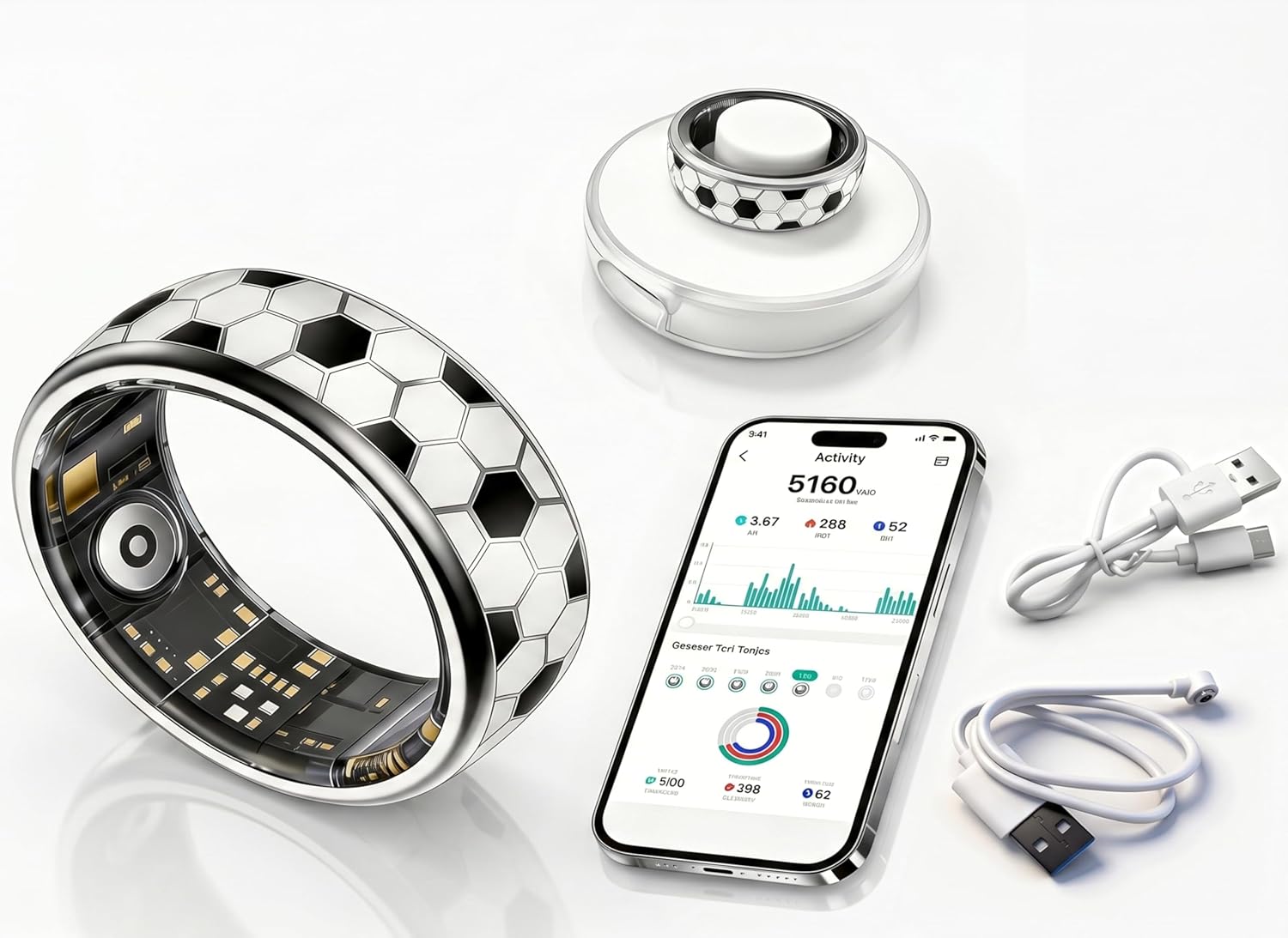Football Pattern Smart Health Ring with 3 Health Metrics, Multisports, Call Reminder, Gesture Photo and IP68 Waterproof, Compatible with iOS and Android, Fitness Tracker for Women & Men (8)