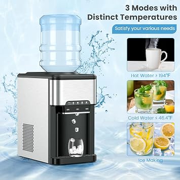 Countertop Water Cooler Dispenser with Ice Maker, 3 in 1 Top-Loading Hot & Cold Water Dispenser 5 Gallon, 48 LBS Daily-Ice, Portable Ice Cube Makers Machine for Home Kitchen Office Bar