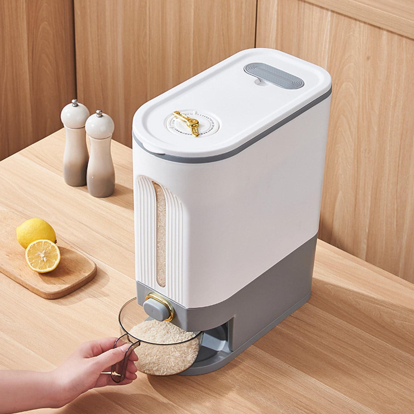 Contenedor de arroz,Dispensador de arroz sellable Contenedor de grano sellado grande Dispensador de alimentos,organización de cocina con indicador de tiempo,taza medidora para cocina,maíz,Gris
