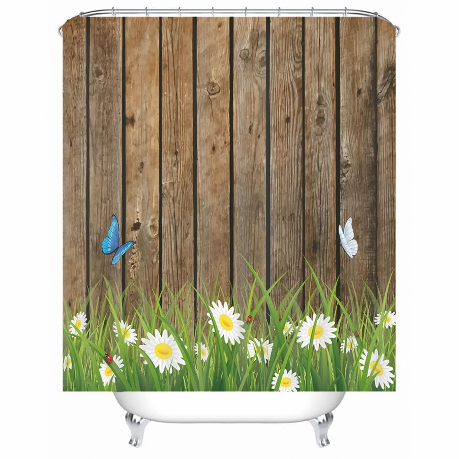 Duschvorhang Braun, Hölzern Tafel Schmetterling Sonneblumen Muster Badvorhang Polyester Anti-Schimmel Schnell Trocknend mit Duschvorhangringen